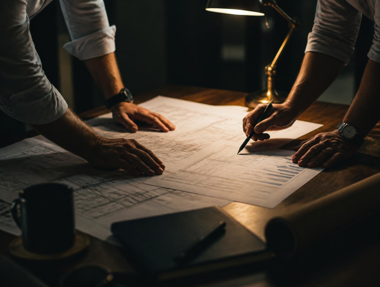 Partners reviewing technical drawings and a financial model under a desk lamp