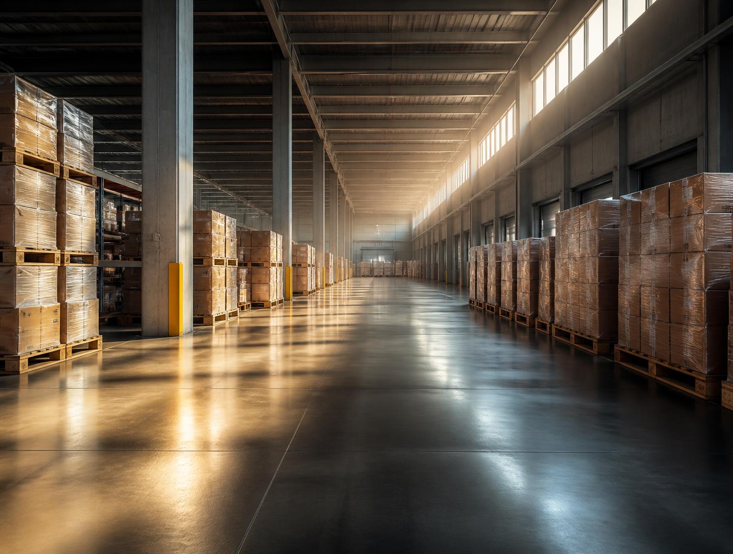 Palletized supplies staged in a modern distribution warehouse