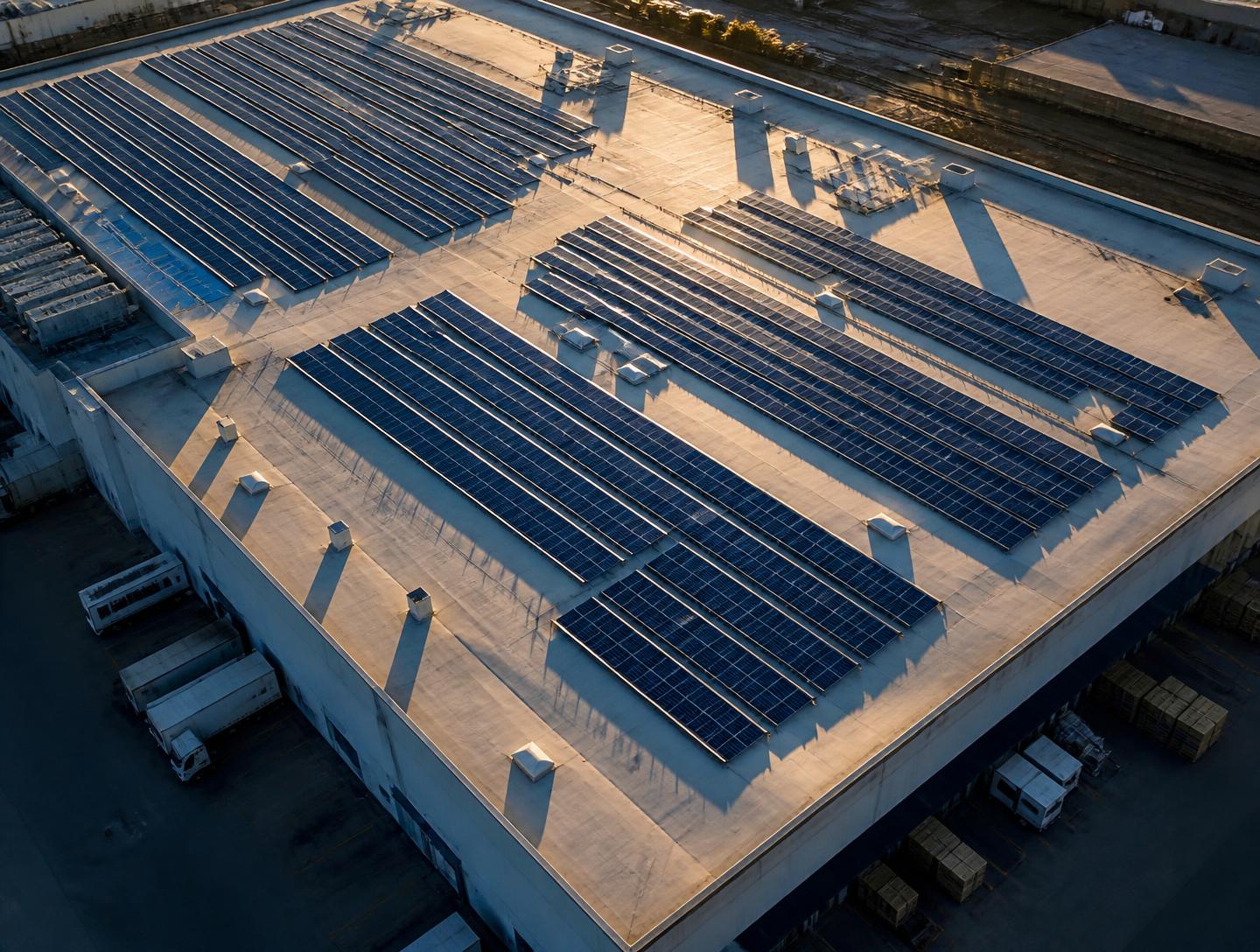 Rooftop solar array on a commercial warehouse at golden hour